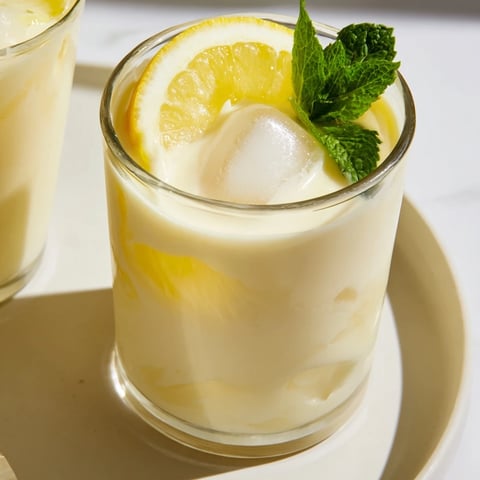 A tall glass of creamy lemonade, garnished with lemon, perfect for summer refreshment.