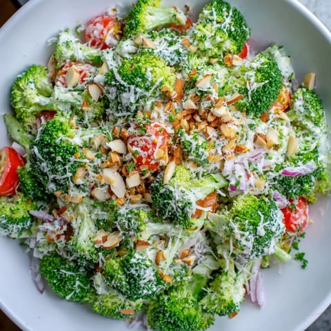 Aromatic Garlic Parmesan Broccoli Salad, plated and ready to serve, featuring vibrant green broccoli florets.