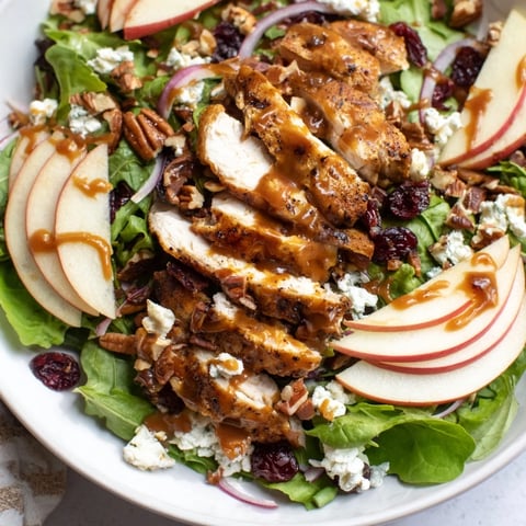 Caramel Apple Chicken Salad: A close-up of the delicious salad with caramel dressing drizzled over it.