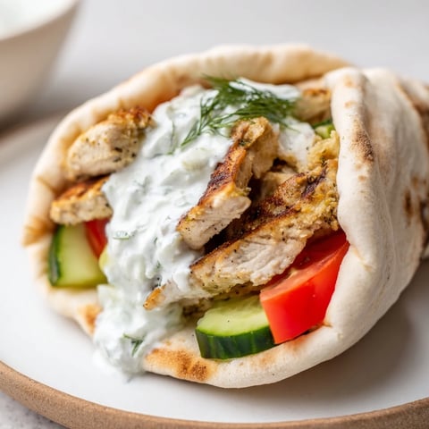 Soczysta Greek Chicken Wrap, pełna grillowanego kurczaka, z tzatziki i świeżymi warzywami.