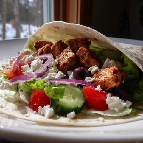Juicy Greek Lemon Chicken Salad Wrap, a delightful lunch boasting fresh ingredients and bright flavors.