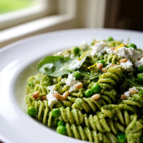 Świeża sałatka z zielonym pesto z makaronu, z aromatycznym pesto i zielonymi warzywami.