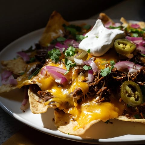 Crispy tortilla chips piled high with smoky BBQ beef nachos, topped with melty cheddar and fresh pico de gallo.  