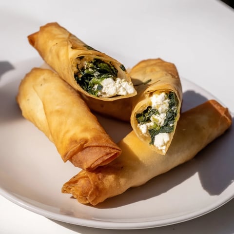 Golden-brown crispy Spanakopita Spring rolls stacked on a white plate, with a creamy yogurt-dill dip and lemon wedges nearby.