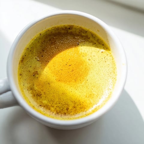 Golden milk recipe presented in a white mug, a warm golden hue with a cinnamon stick and a sprinkle of turmeric on top, evoking cozy comfort.