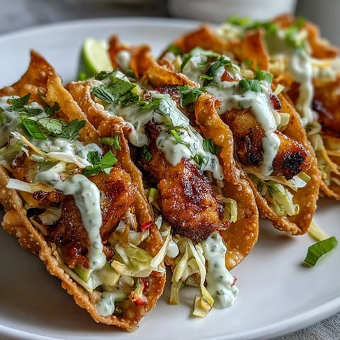 Świeże Crispy Chicken Wonton Tacos z chrupiącymi skorupkami, posypane świeżą kolendrą i plasterkami zielonej cebuki.