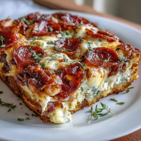 Fotografia przedstawia plaster wysokobiałkowego śniadaniowego casserole z pizzą na prostokątnej blasze, z chrupiącym spodem z ciasta greckiego i złocistymi brzegami.