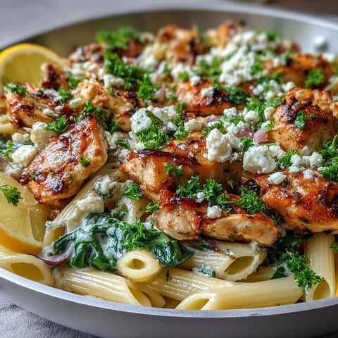 Sizzling Greek Chicken Feta Pasta Skillet with golden-brown chicken and creamy white sauce in a pan.