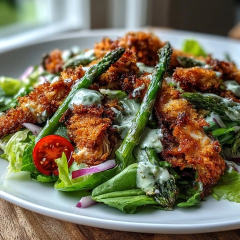 Crispy Parmesan Asparagus Chicken Salad features golden-baked spears and juicy shredded chicken on fresh greens.