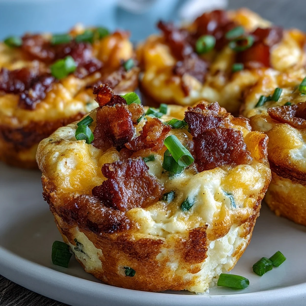 Savory Ranch & Cheddar Egg Muffin Cups with crispy bacon and melted cheese on a plate.