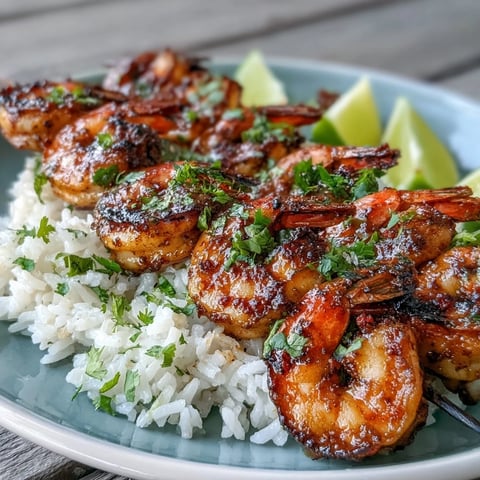 Grilled Jerk Seasoning Shrimp Skewers plated over fluffy coconut rice, garnished with fresh lime wedges and cilantro.
