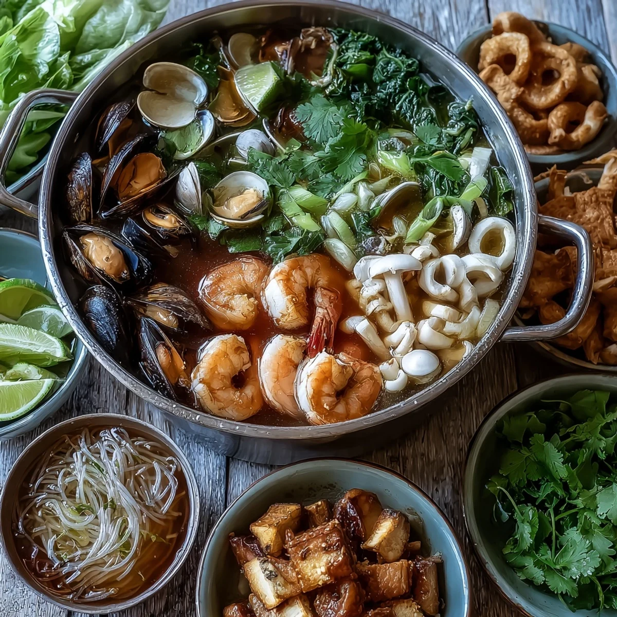 Asian Hot Pot Seafood simmering in aromatic broth with shrimp, fish, and crisp vegetables, served family-style at the table.