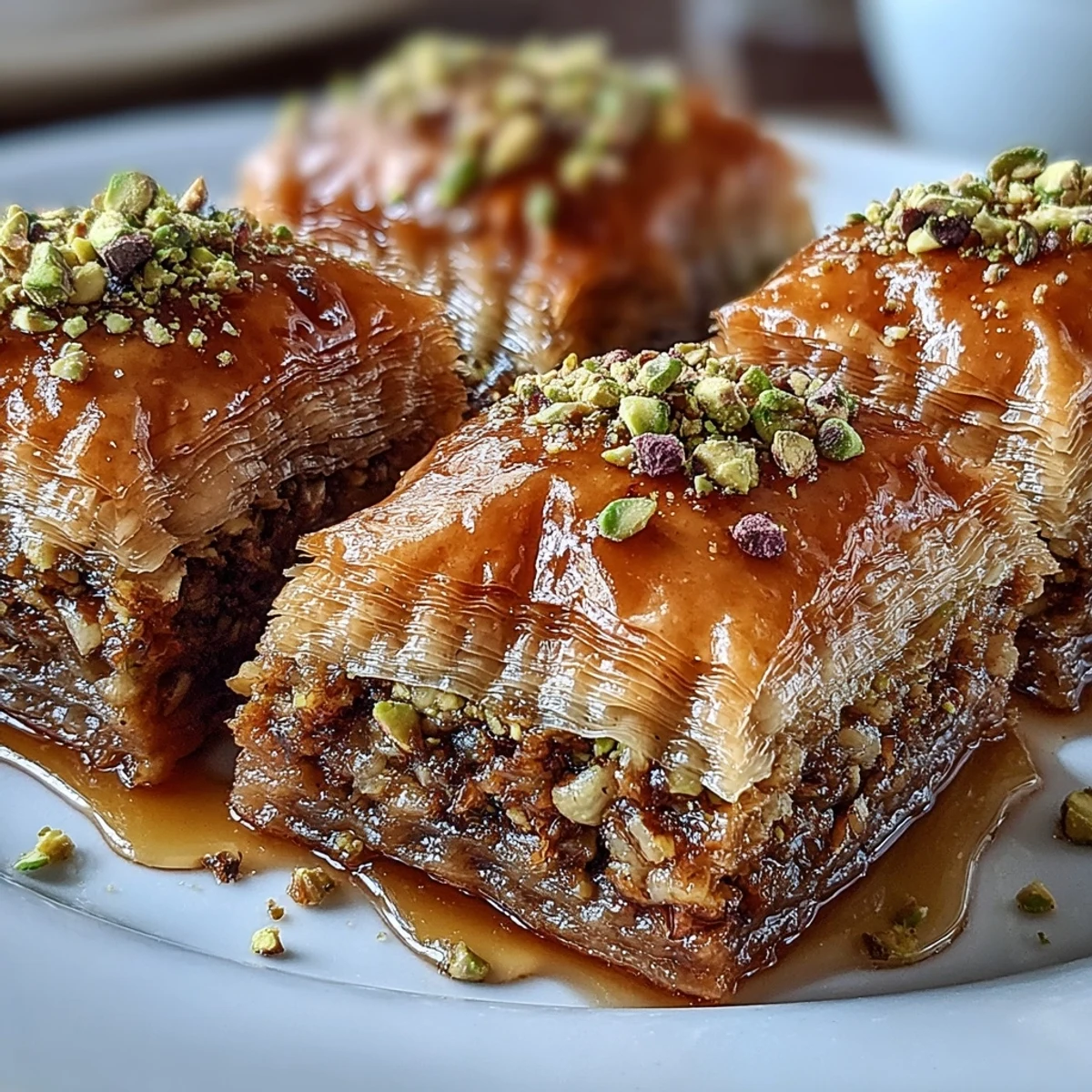Glistening layers of pistachio and honey baklava on a ceramic plate, perfect for sharing.