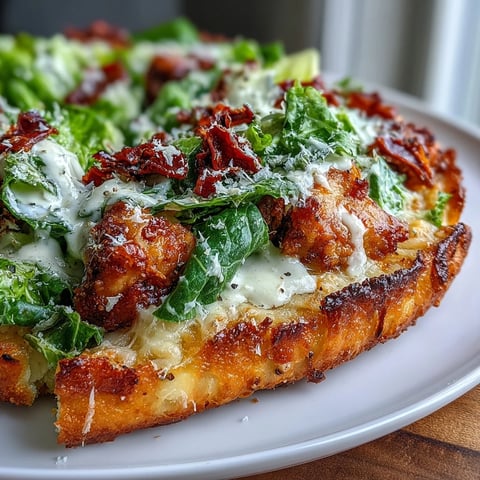 Świeża sałatka Cezar na chrupiącym kurczakowym spodzie Pizza Crust Caesar Salad z pomidorkami suszonymi.