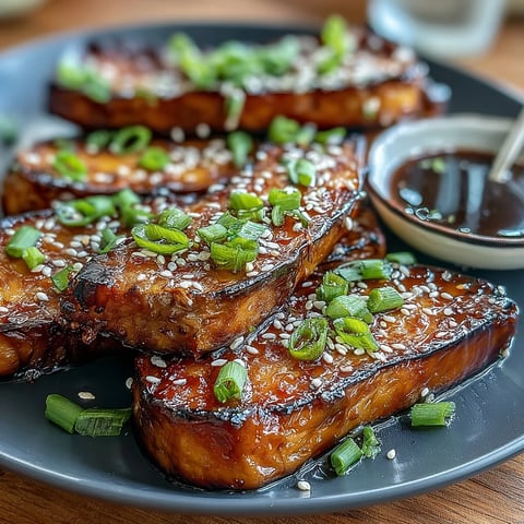 Glowing Miso-Glazed Eggplant Steaks served with fluffy white rice and sliced green onions.