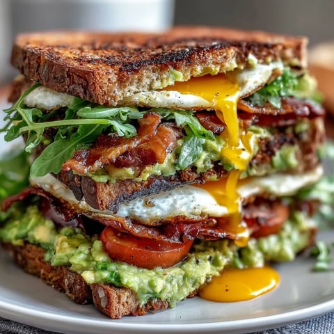 Sourdough Avocado BLT Breakfast Stack with Runny Egg: crispy bacon and bright tomato on buttery toast, crowned with a runny egg.