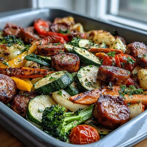 Blazing hot Sheet Pan Rainbow Veggie and Sausage Bake right out of the oven with golden, caramelized edges.