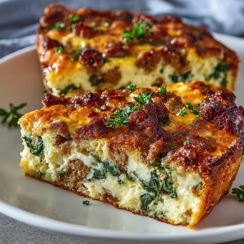 Golden-brown Keto Sausage, Egg, and Spinach Breakfast Bake fresh from the oven, served warm in a slice. 