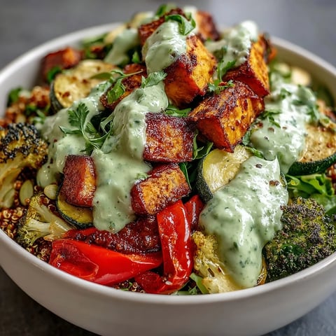 Golden roasted vegetables and chickpeas in a Vegan Roasted Veggie Buddha Bowl topped with creamy Green Goddess Avocado Dressing.