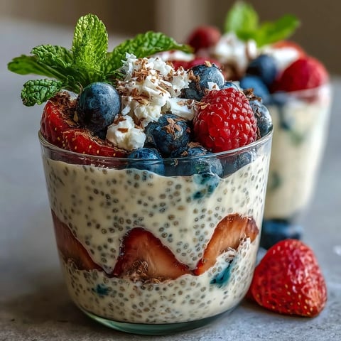 Warstwowe Summer Berry Chia Pudding Meal Prep Cups z jogurtem i świeżymi jagodami.