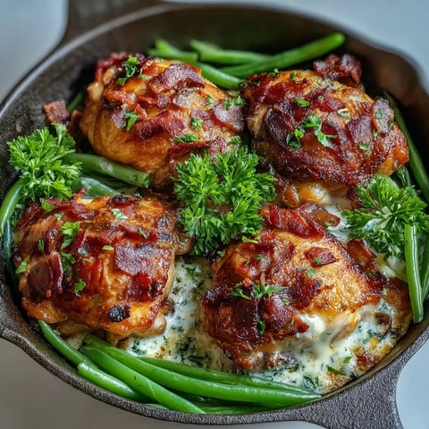 Keto Bacon Ranch Chicken Thighs with Green Beans baked in a skillet with crispy bacon and tender beans.