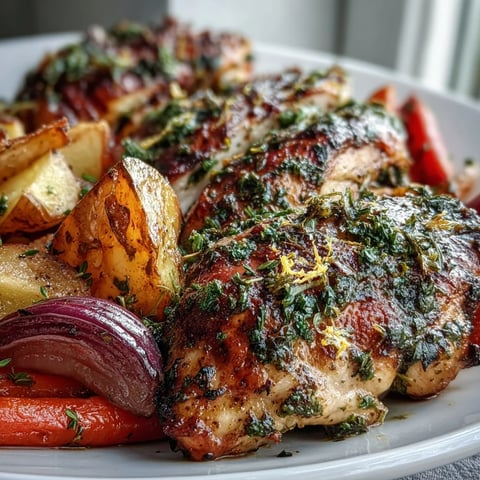 Succulent Sheet Pan Herb-Crusted Chicken with Root Vegetables roasted until golden on a baking sheet, served family-style for a wholesome dinner.