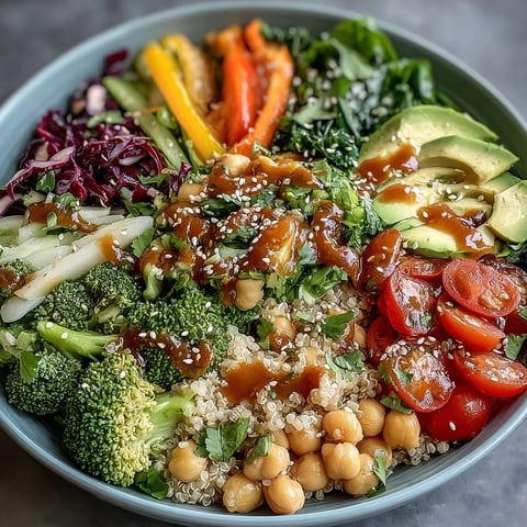 Barwna miska Buddhy z warzywami tęczowymi i sezamowo-imbrowym sosem, pełna świeżych warzyw, ziół i zdrowego ziarna.