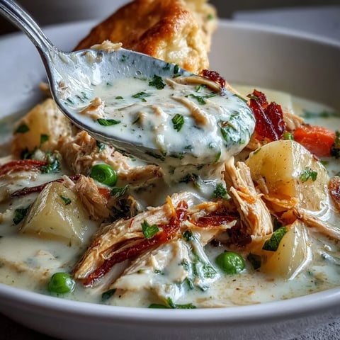 Obiad w garnku: kremowa zupa z kurczakiem i warzywami z chrupią, złocistą skórką.