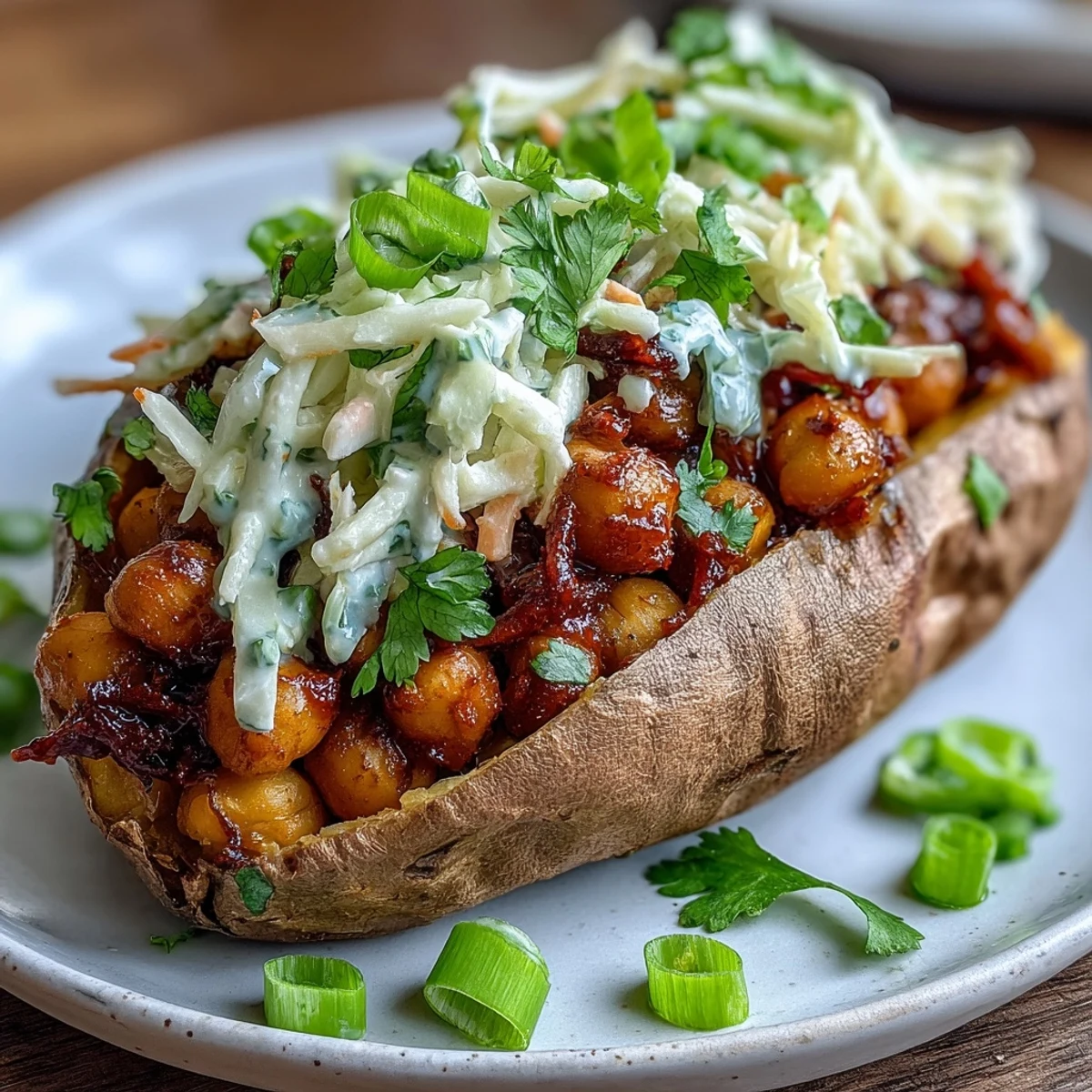 Nasycone słodkie ziemniaki pieczone z kłosówką w sosie BBQ i chrupiącą sałatką kapusty, idealne na pełnowartościowe, roślinne danie.