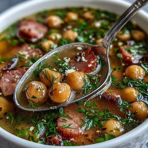 Pyszna zupa z szynką i ciecierzycą z świeżym koperkiem i cytryną, idealna na komfortową porcję.