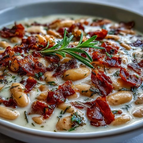 Pyszna, kremowa zupa z białych fasoli z bekonem i rozmarynem, idealna na zimne dni.  