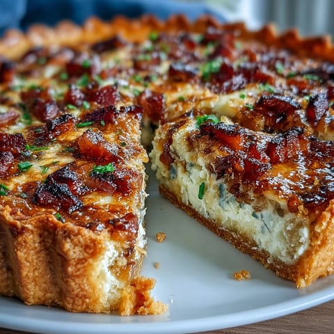 Rozpływista quiche z karmelizowaną cebulą i bekonem w chrupiącej ciasteczko, idealna na śniadanie lub kolację.