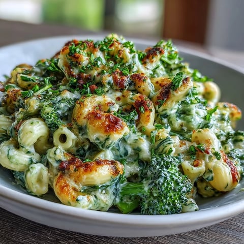Zielone makaron z serem i szpinakiem, brokułami w aromatycznym, kremowym sosie serowym na tle białej porcelanowej miski.