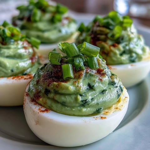 1. Vibrant green deviled eggs filled with creamy avocado and garnished with fresh chives and smoked paprika, perfect for healthy appetizers.