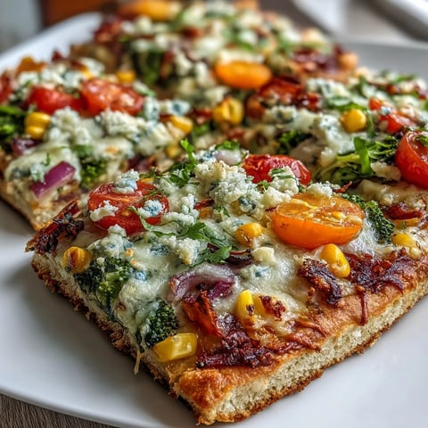 St. Patricks Day Rainbow Veggie Flatbread Pizza with colorful fresh vegetables arranged in vibrant rainbow stripes.  