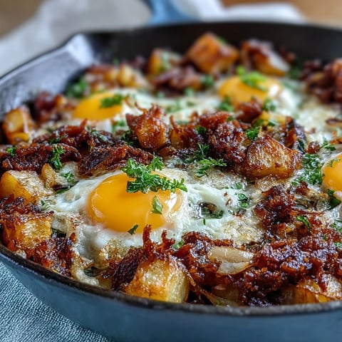 Pyszny śniadaniowy patelniowy hash z wołowiną z jajkami, z chrupiącymi ziemniakami, warzywami i jajkami na słońce.  