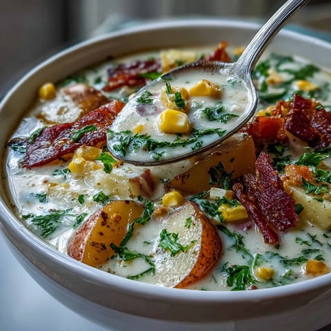 Light Ham and Potato Chowder with Celery and Corn: Creamy bowl of tender potatoes, sweet corn, and diced ham in a comforting broth, garnished with fresh parsley.