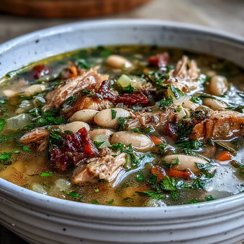 Pyszna, aromatyczna zupa z kruconym indykiem i białą fasolą z świeżymi ziołami, idealna na komfortowy obiad.