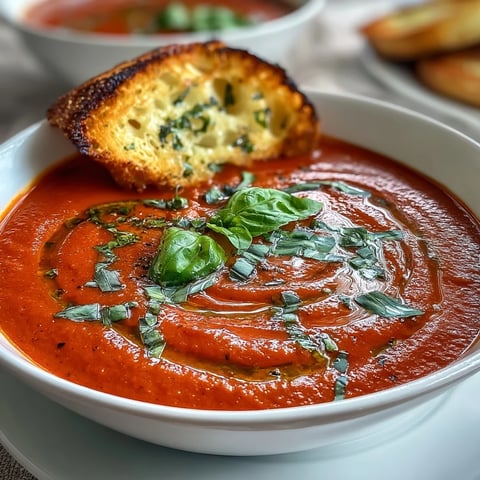 Kremowa zupa pomidorowa z bazylią i grzankami z chleba kwaszonego - pachnąca, kremowa zupa z świeżą bazylią, podawana z złocistymi, chrupiącymi grzankami.