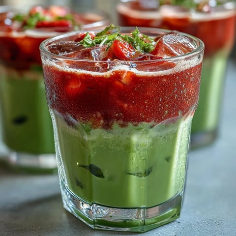 Świeży koktajl lodowy z truskawką i matcha, przygotowany z kremowej mleka kokosowego i słodki z syropu klonowego.