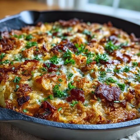 Szybkie i wygodne śniadanie w patelni z chrupiącymi ziemniakami, kremowym serem i soczystym szynkiem.  