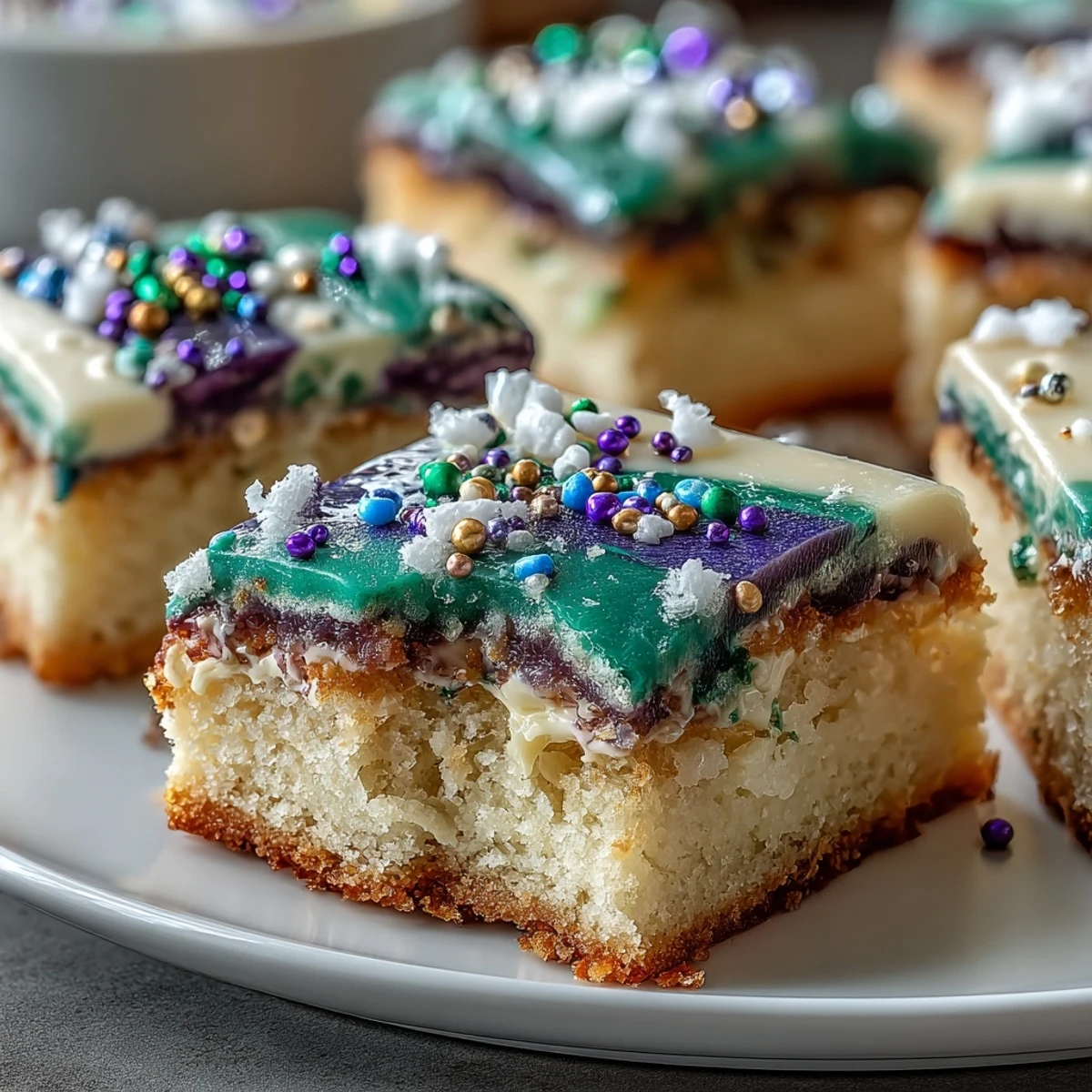 Świąteczne paski ciasteczkowe z cukrem w kolorach Mardi Gras z dekoracją purpurową, zieloną i złotą.  
