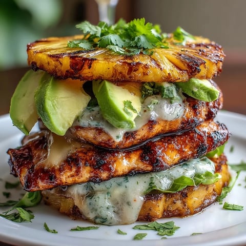 1. Juicy grilled chicken and caramelized pineapple stacked with crisp lettuce, avocado, and fresh veggies—perfect for a lighter burger twist.  