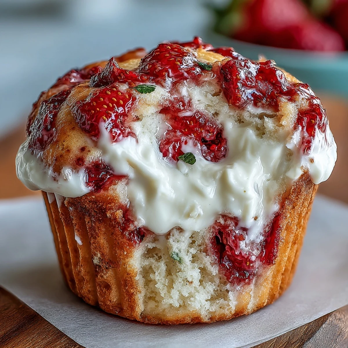 Pyszne muffinki z greckim jogurt i truskawkami, puszyste i wilgotne, idealne na śniadanie lub na przekąskę.