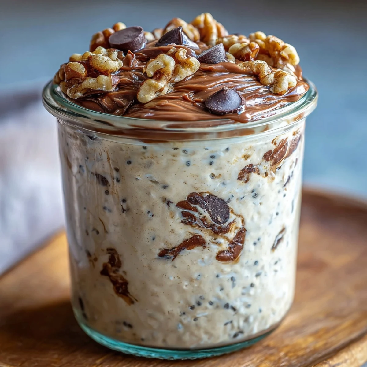 Obraz przedstawia miskę z owsianką na zimno z ciasteczkowym ciastem, zdobioną mini czekoladkami i orzechami.  