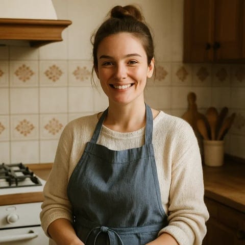 Basia Smakowita, w kuchni, w koszulce i rękawicach, uśmiechnięta, zdjęcie użytkowe.