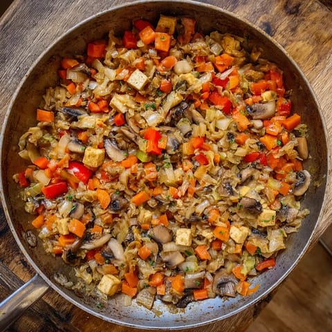 W obrazie przedstawiony jest bigos z mushrooms, smoked tofu i carrot.