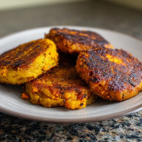 Na tle czarnej podłogi stoi płyta z trzema smażonymi roztopionymi paprykami.