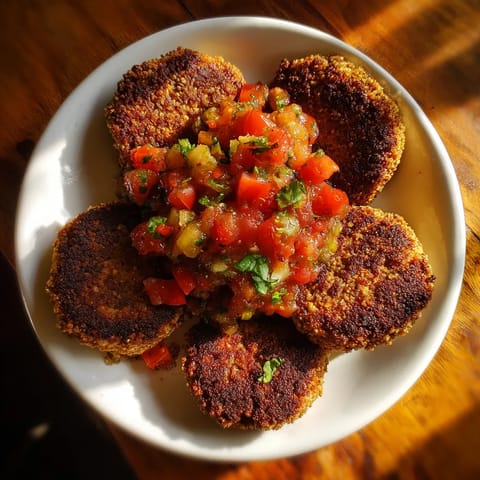 Na tle ciemnego tła, na białym talercie z buckwheat patties z tomato relish, widać cienką, ciemnoczerwony kawałek buckwheat patties.