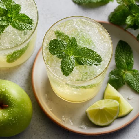 Dwie szklanki zawierają wodę z dodatkiem jabłek i menty.